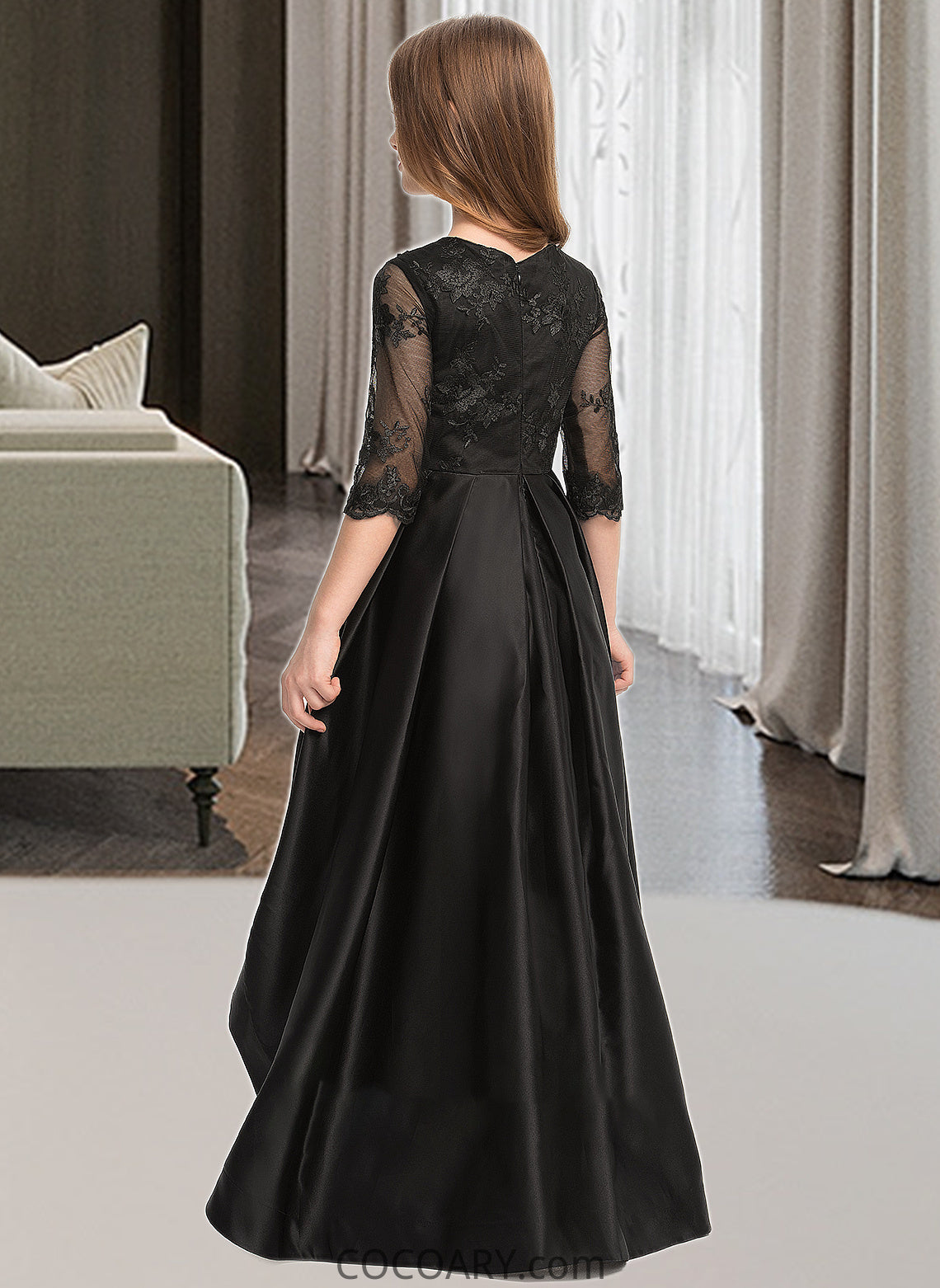 Camila A-Line Scoop Neck Asymmetrical Satin Lace Junior Bridesmaid Dress With Ruffle DA8P0013511