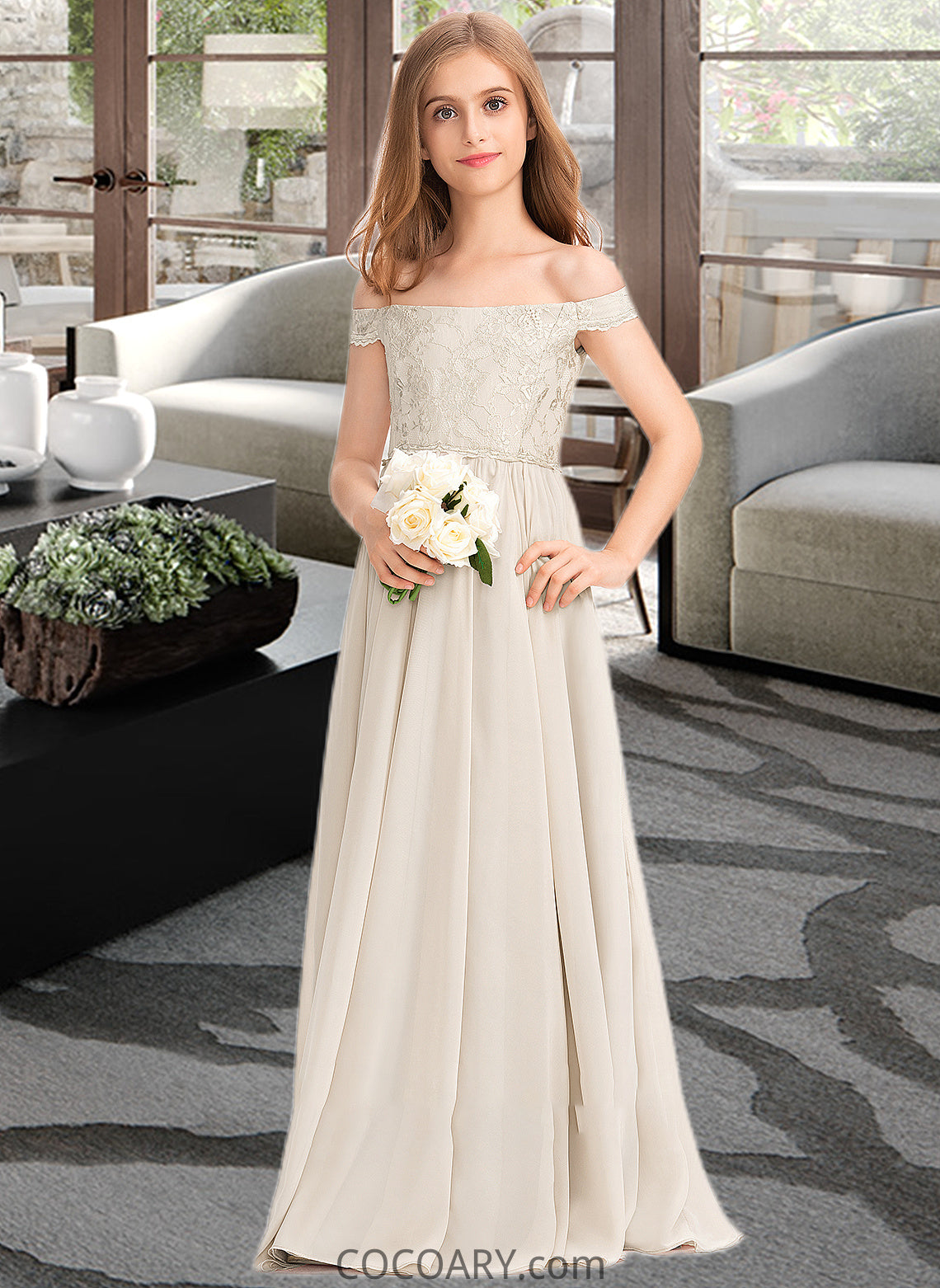 Sally A-Line Off-the-Shoulder Floor-Length Chiffon Lace Junior Bridesmaid Dress DA8P0013514