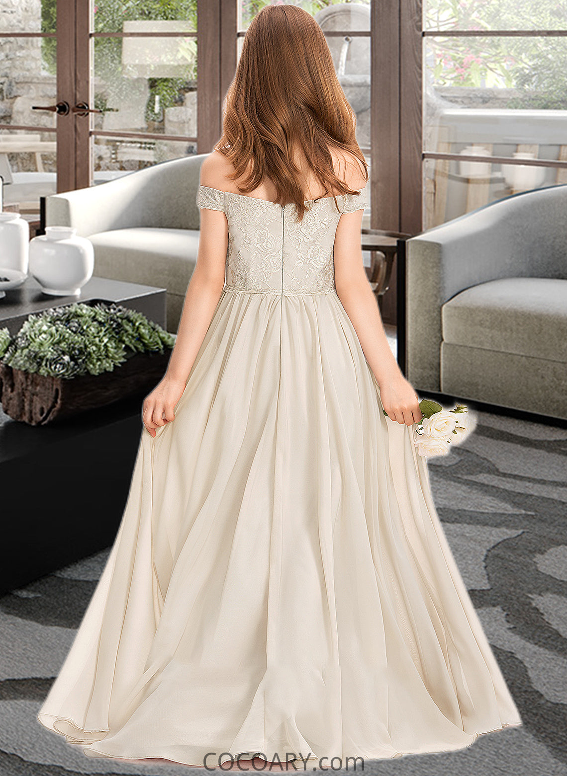 Sally A-Line Off-the-Shoulder Floor-Length Chiffon Lace Junior Bridesmaid Dress DA8P0013514