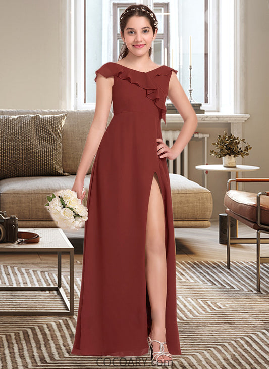 Hadley A-Line V-neck Floor-Length Chiffon Junior Bridesmaid Dress With Split Front Cascading Ruffles DA8P0013517