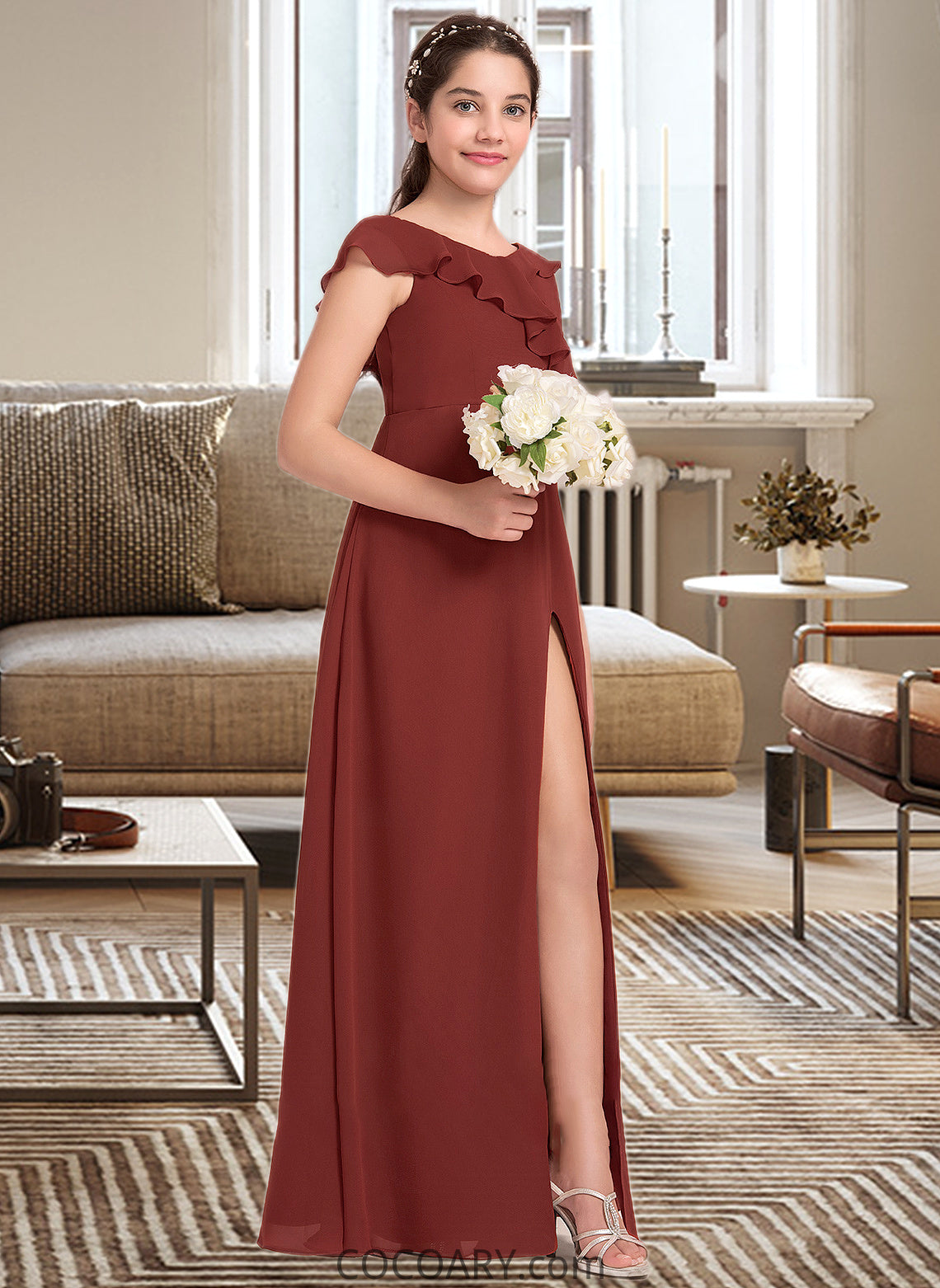 Hadley A-Line V-neck Floor-Length Chiffon Junior Bridesmaid Dress With Split Front Cascading Ruffles DA8P0013517