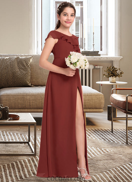 Hadley A-Line V-neck Floor-Length Chiffon Junior Bridesmaid Dress With Split Front Cascading Ruffles DA8P0013517