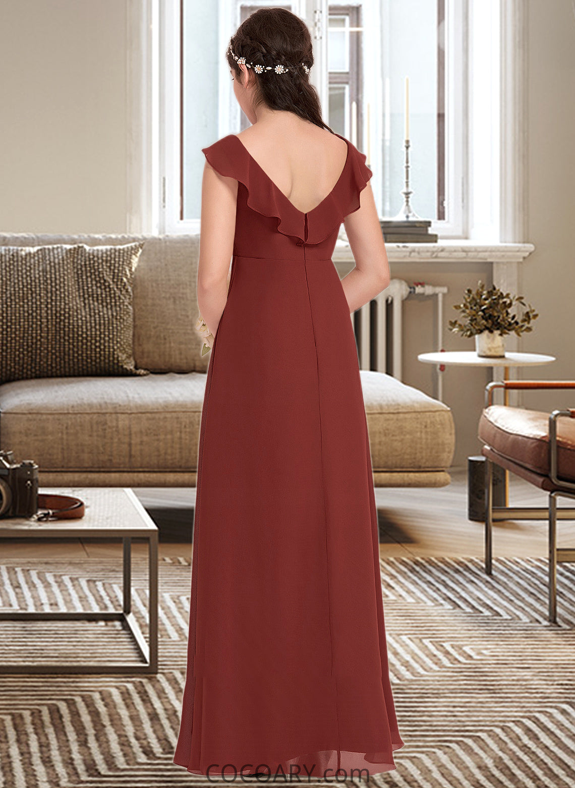 Hadley A-Line V-neck Floor-Length Chiffon Junior Bridesmaid Dress With Split Front Cascading Ruffles DA8P0013517