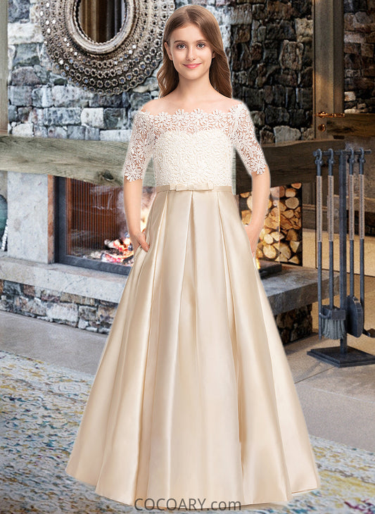 Urania Ball-Gown/Princess Off-the-Shoulder Floor-Length Satin Lace Junior Bridesmaid Dress With Bow(s) Pockets DA8P0013530