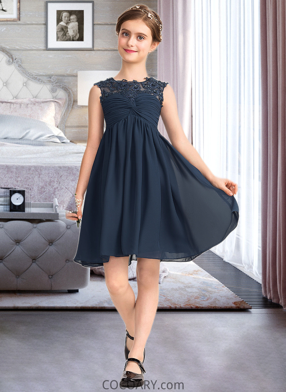 Lia Empire Scoop Neck Knee-Length Chiffon Lace Junior Bridesmaid Dress With Ruffle Beading Sequins DA8P0013532