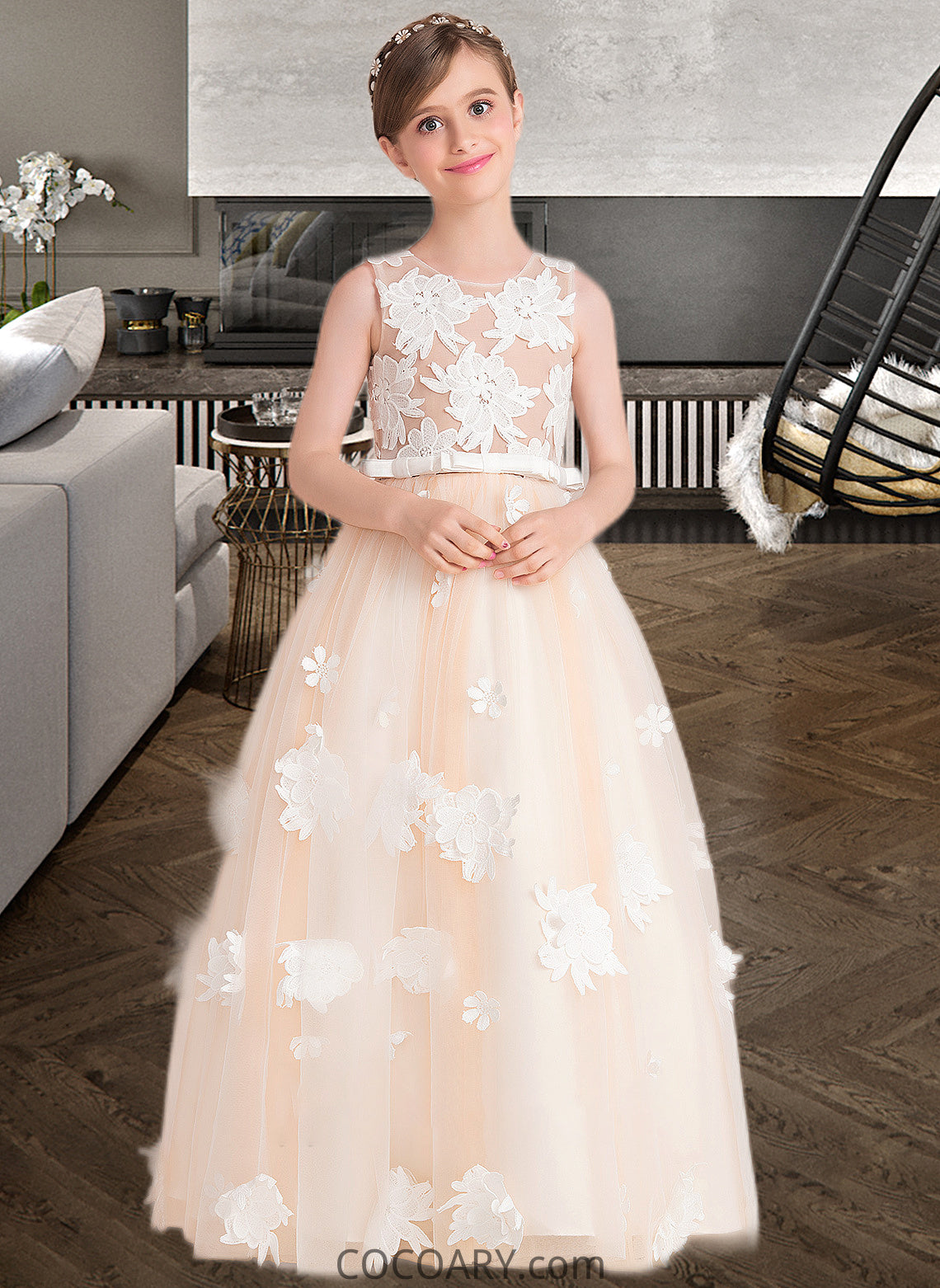 Elaina Ball-Gown/Princess Scoop Neck Floor-Length Tulle Junior Bridesmaid Dress With Flower(s) Bow(s) DA8P0013534