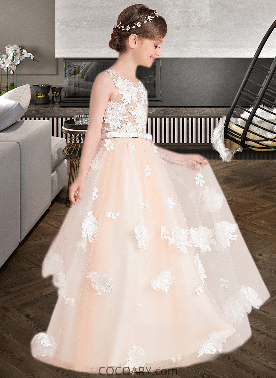 Elaina Ball-Gown/Princess Scoop Neck Floor-Length Tulle Junior Bridesmaid Dress With Flower(s) Bow(s) DA8P0013534