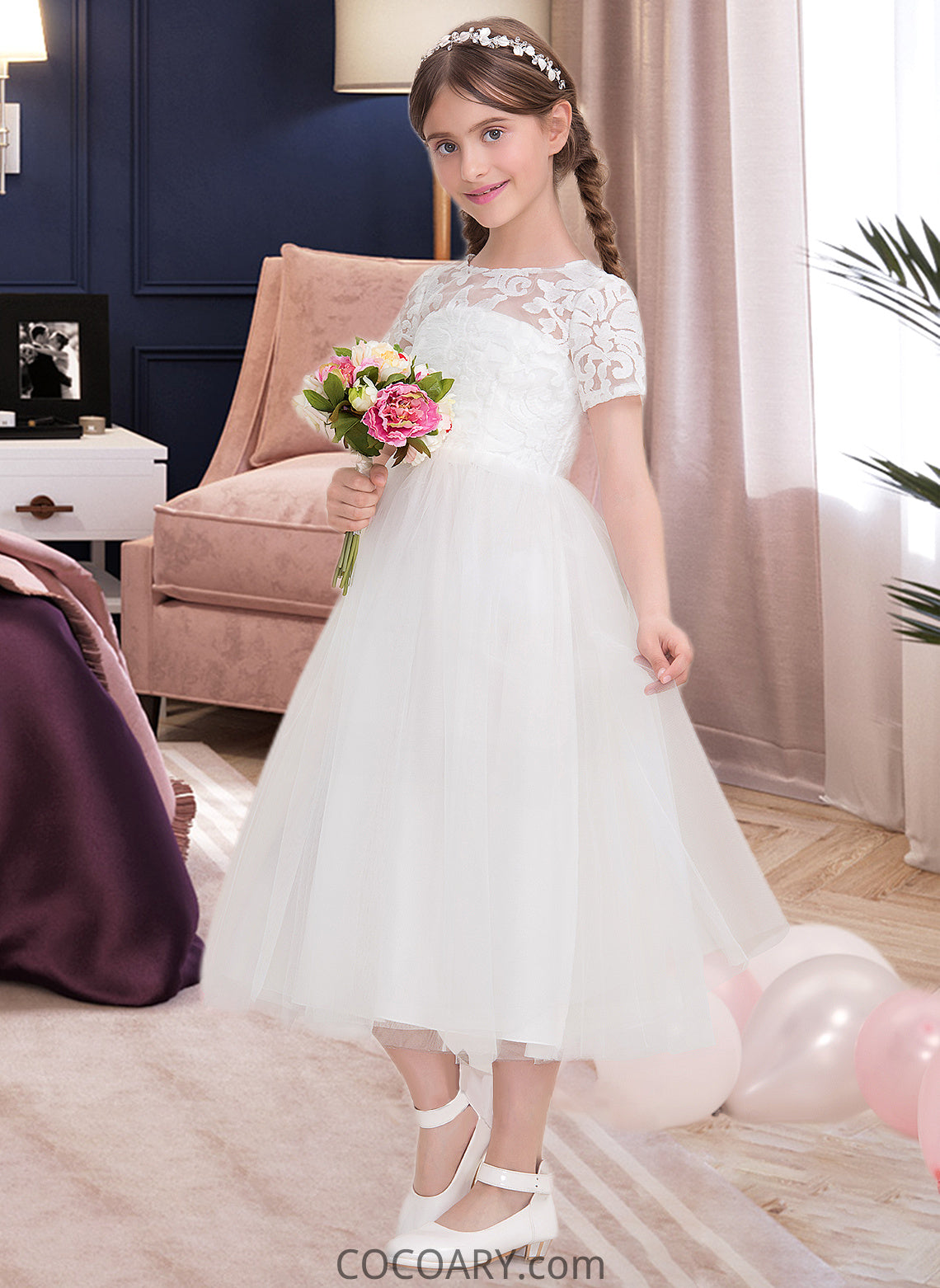 Harmony A-Line Scoop Neck Tea-Length Tulle Junior Bridesmaid Dress DA8P0013535