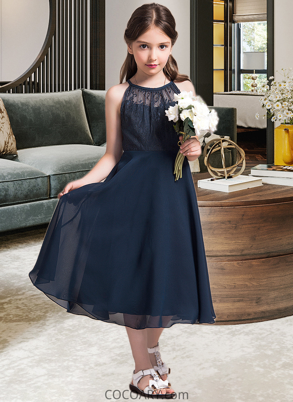 Aryana A-Line Scoop Neck Tea-Length Chiffon Lace Junior Bridesmaid Dress With Ruffle DA8P0013536