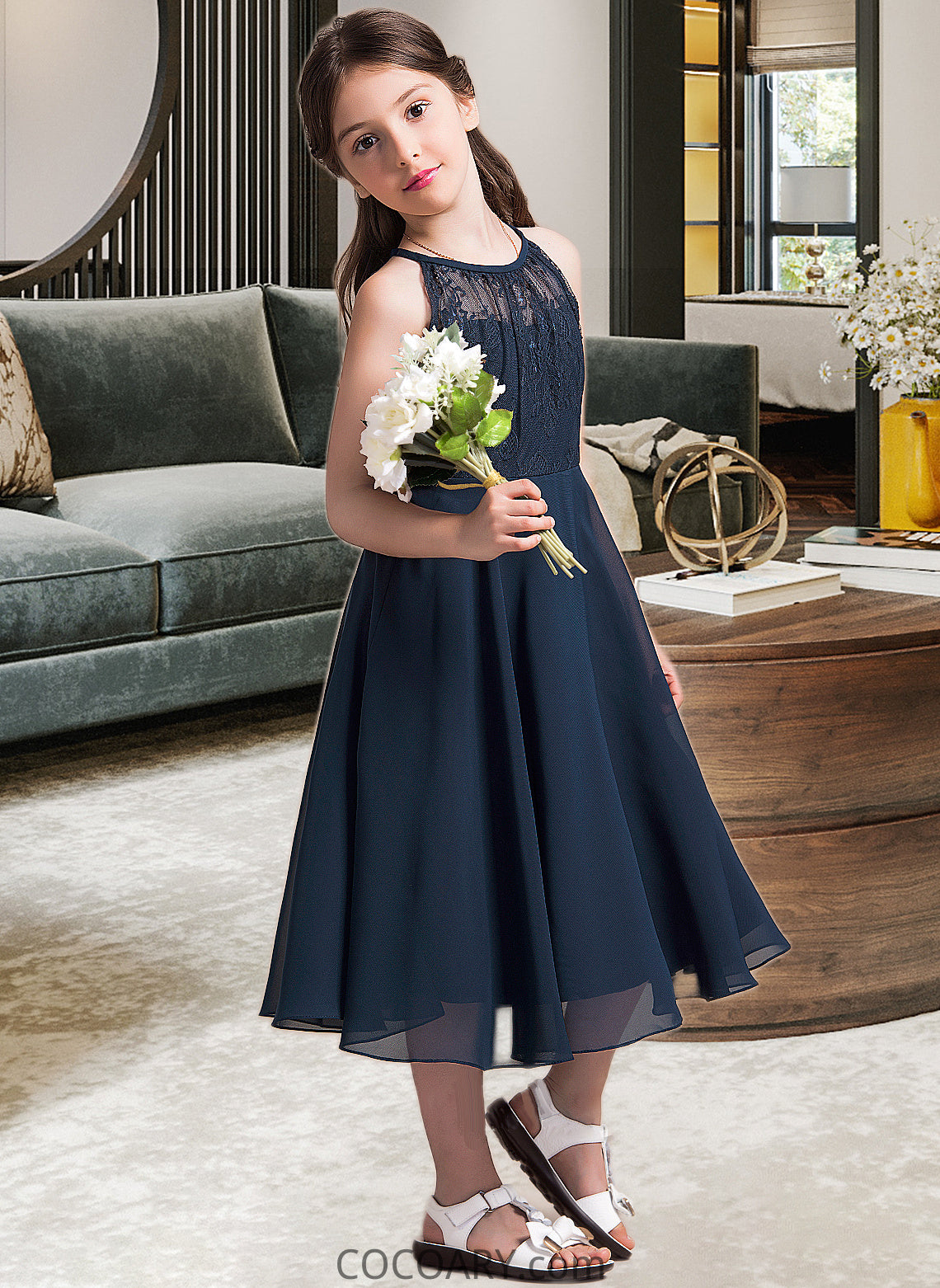 Aryana A-Line Scoop Neck Tea-Length Chiffon Lace Junior Bridesmaid Dress With Ruffle DA8P0013536