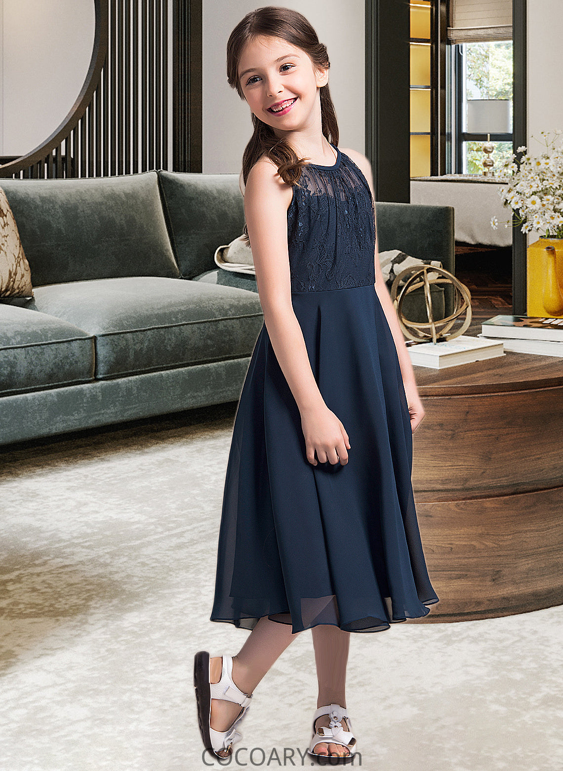 Aryana A-Line Scoop Neck Tea-Length Chiffon Lace Junior Bridesmaid Dress With Ruffle DA8P0013536