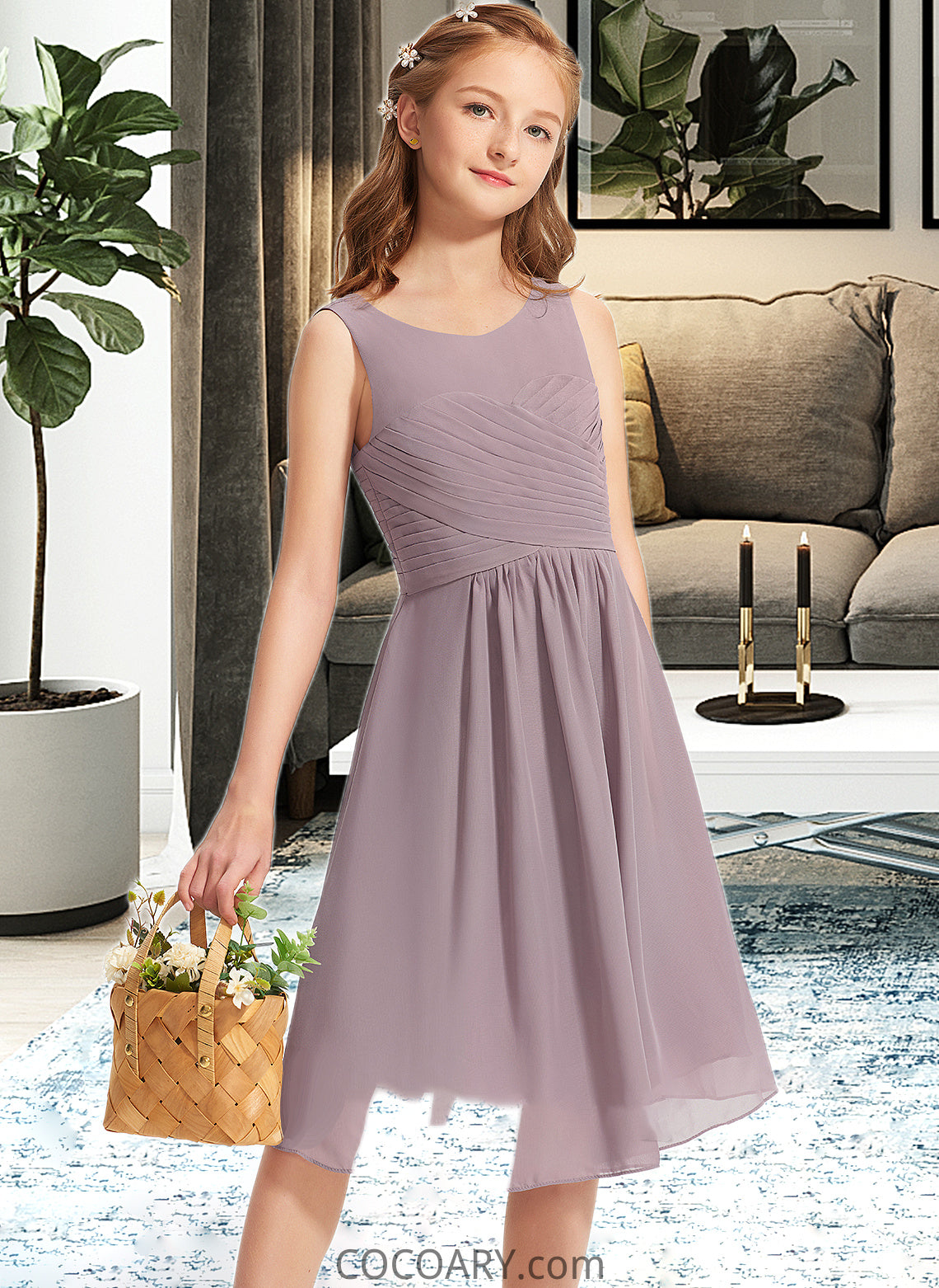 Evelyn A-Line Scoop Neck Knee-Length Chiffon Junior Bridesmaid Dress With Ruffle DA8P0013537