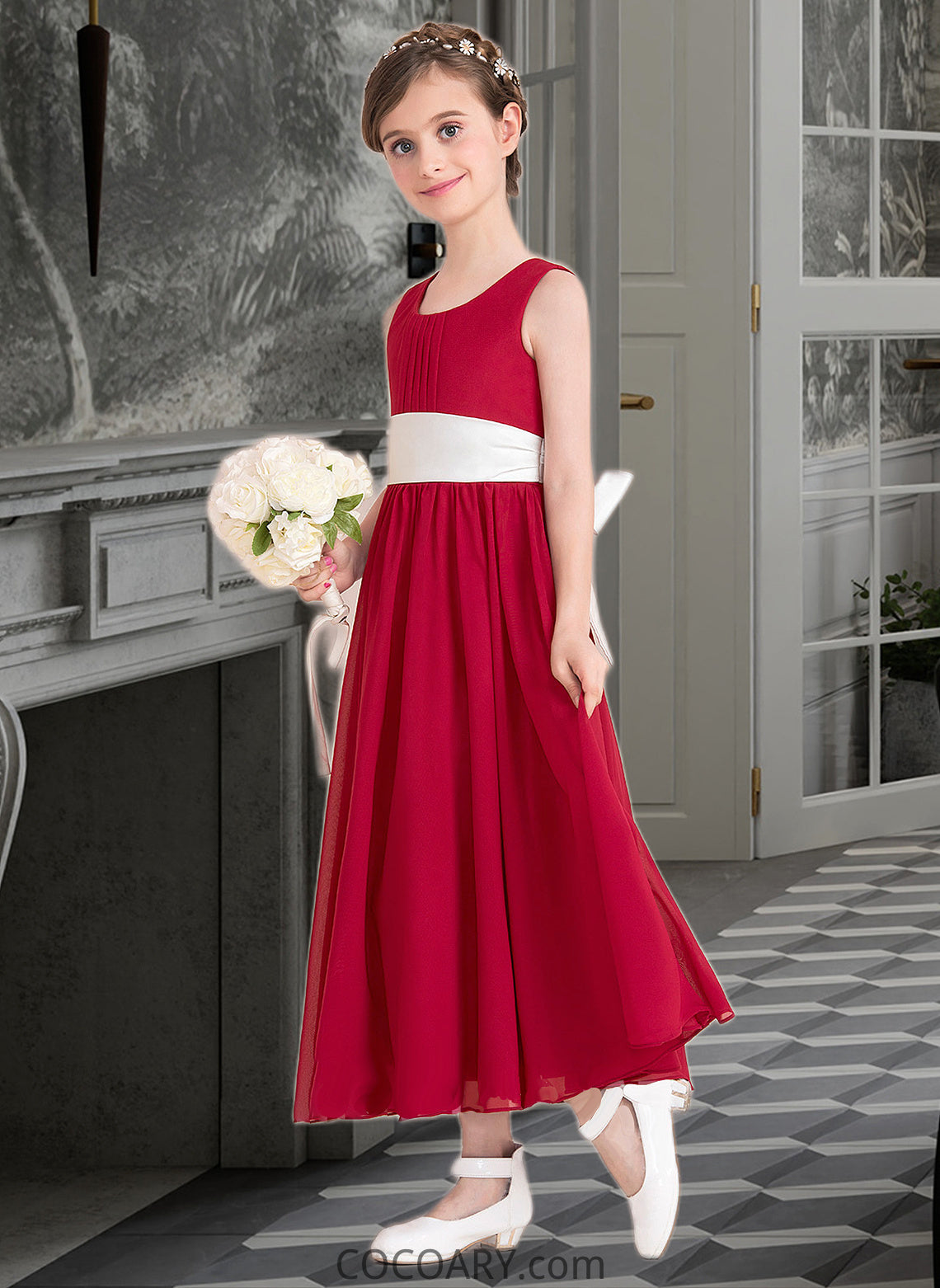 Marian Empire A-Line Scoop Neck Ankle-Length Chiffon Junior Bridesmaid Dress With Sash Bow(s) DA8P0013542