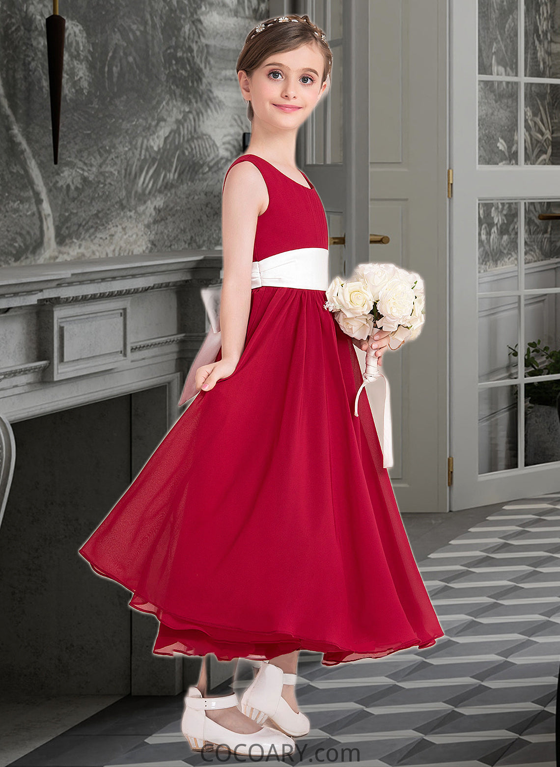 Marian Empire A-Line Scoop Neck Ankle-Length Chiffon Junior Bridesmaid Dress With Sash Bow(s) DA8P0013542