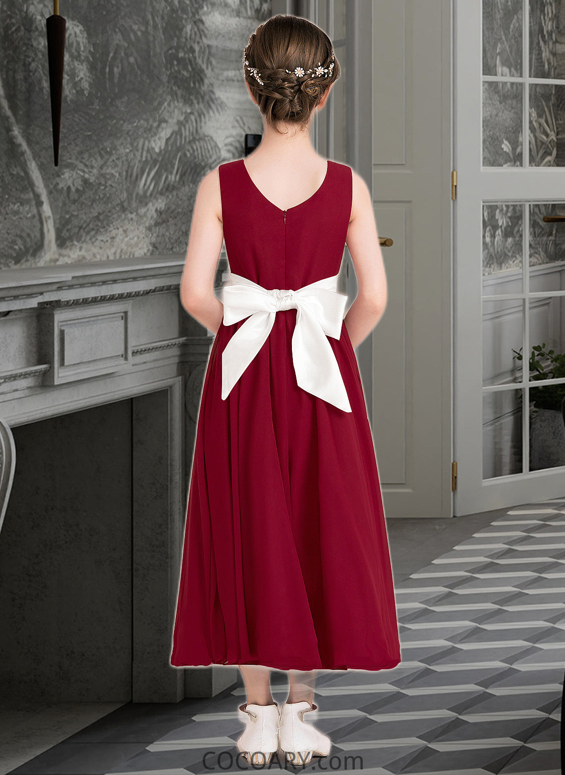 Marian Empire A-Line Scoop Neck Ankle-Length Chiffon Junior Bridesmaid Dress With Sash Bow(s) DA8P0013542