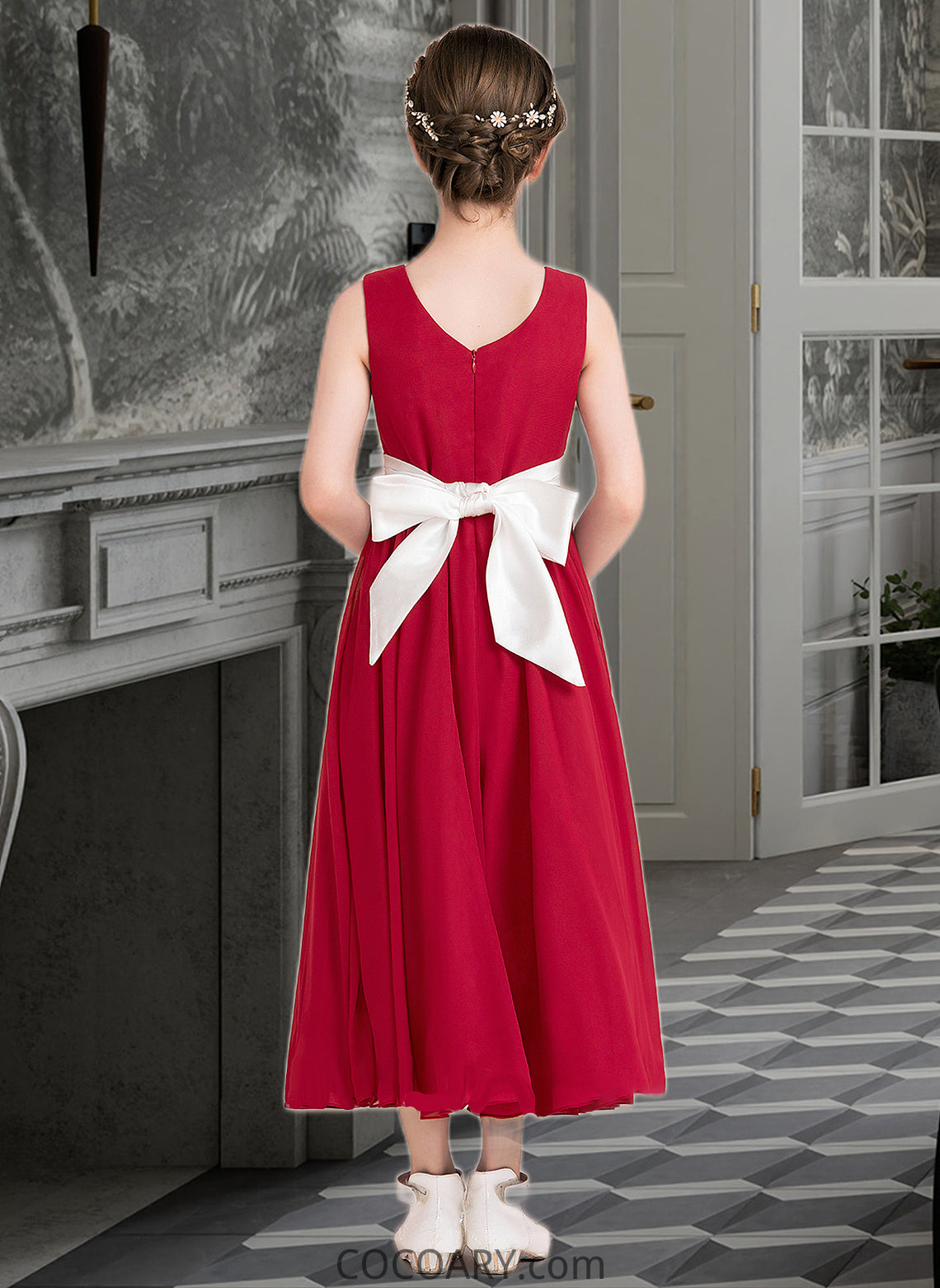 Marian Empire A-Line Scoop Neck Ankle-Length Chiffon Junior Bridesmaid Dress With Sash Bow(s) DA8P0013542