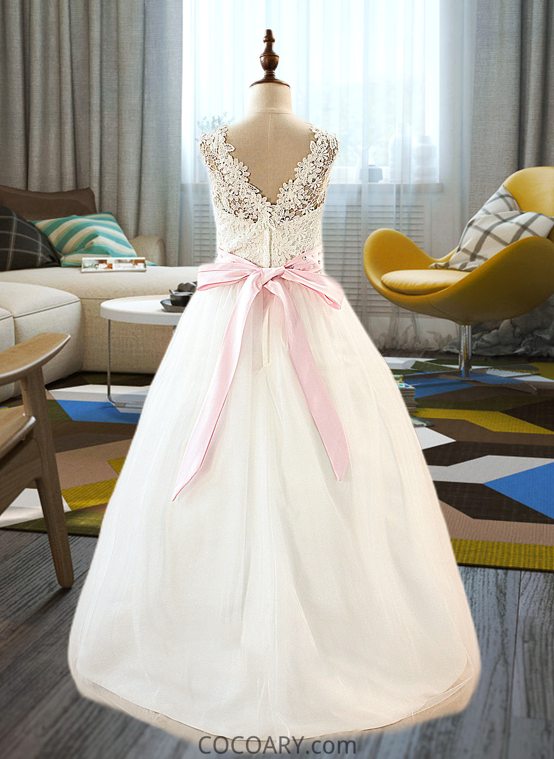 Kianna Ball-Gown/Princess Scoop Neck Floor-Length Tulle Junior Bridesmaid Dress With Sash Beading Bow(s) DA8P0013545