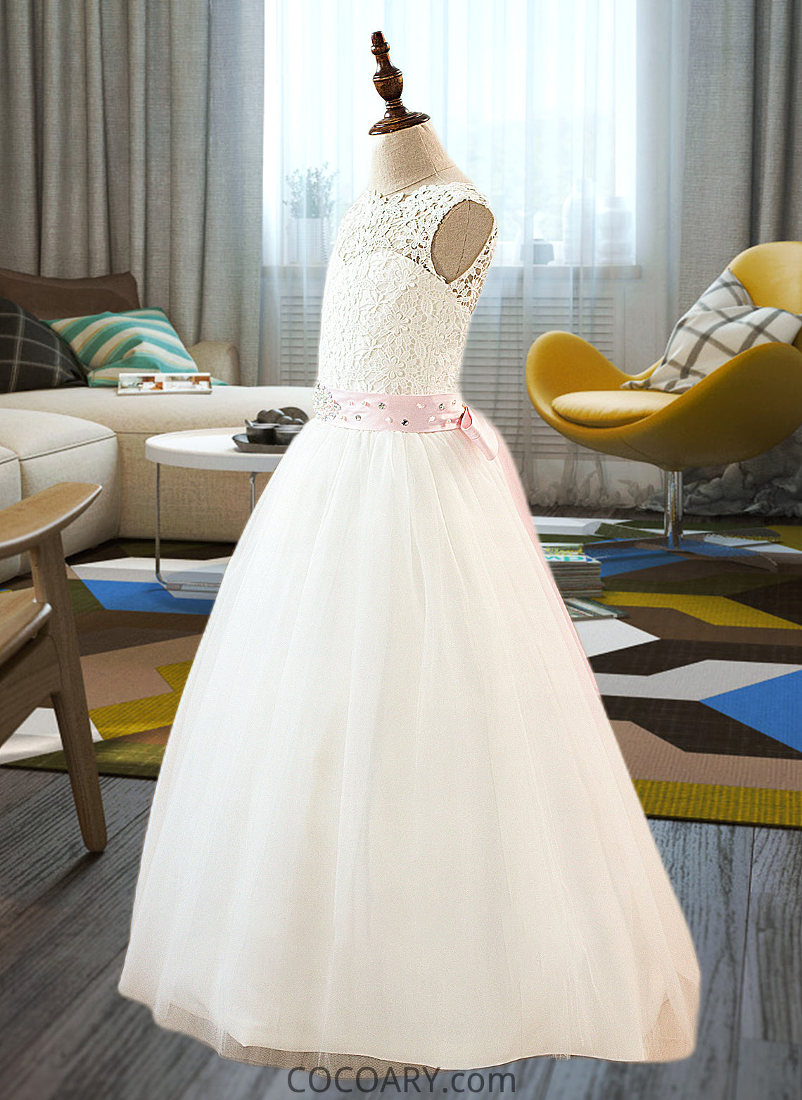 Kianna Ball-Gown/Princess Scoop Neck Floor-Length Tulle Junior Bridesmaid Dress With Sash Beading Bow(s) DA8P0013545