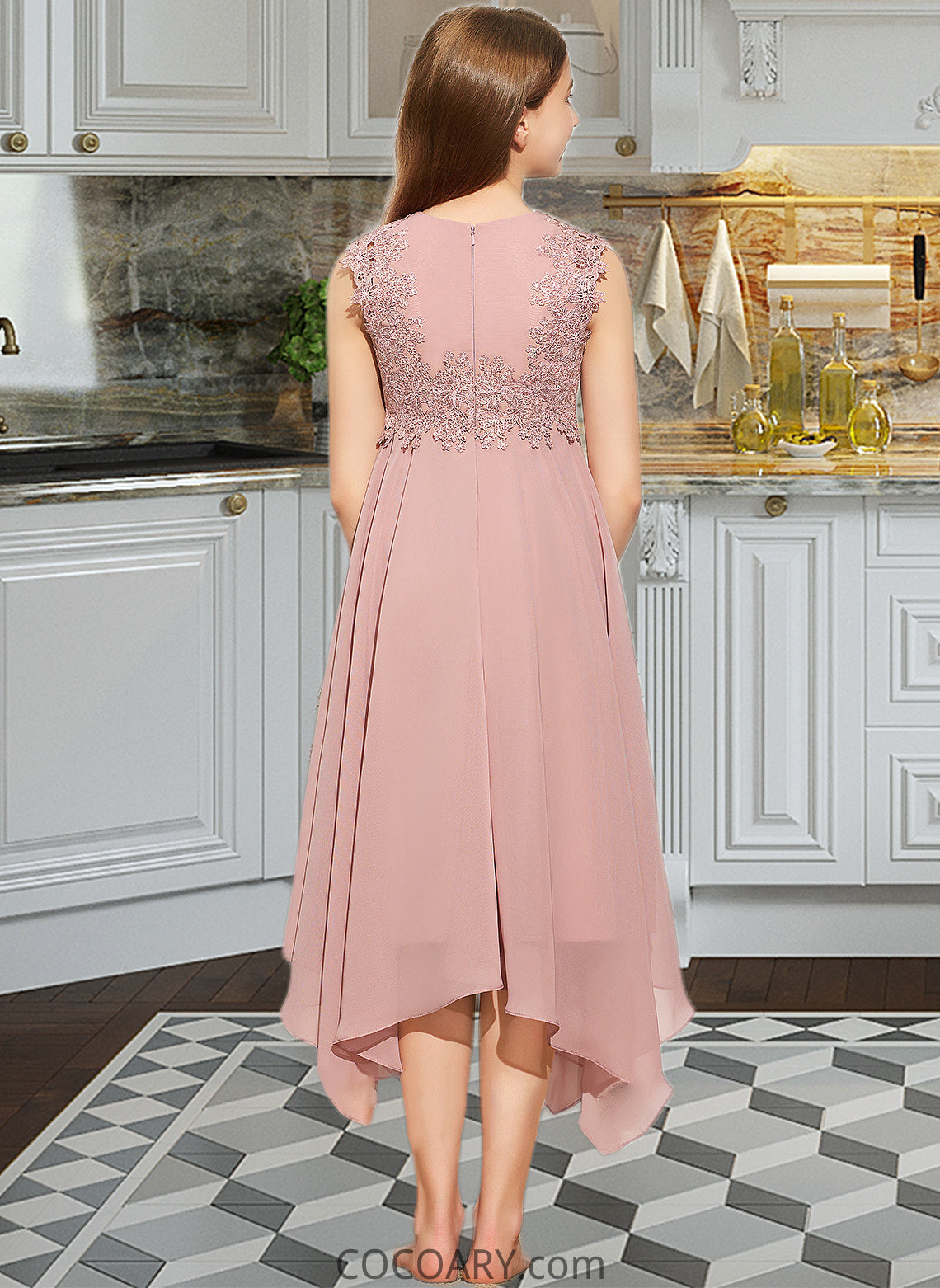 Anya A-Line Scoop Neck Tea-Length Chiffon Lace Junior Bridesmaid Dress DA8P0013547