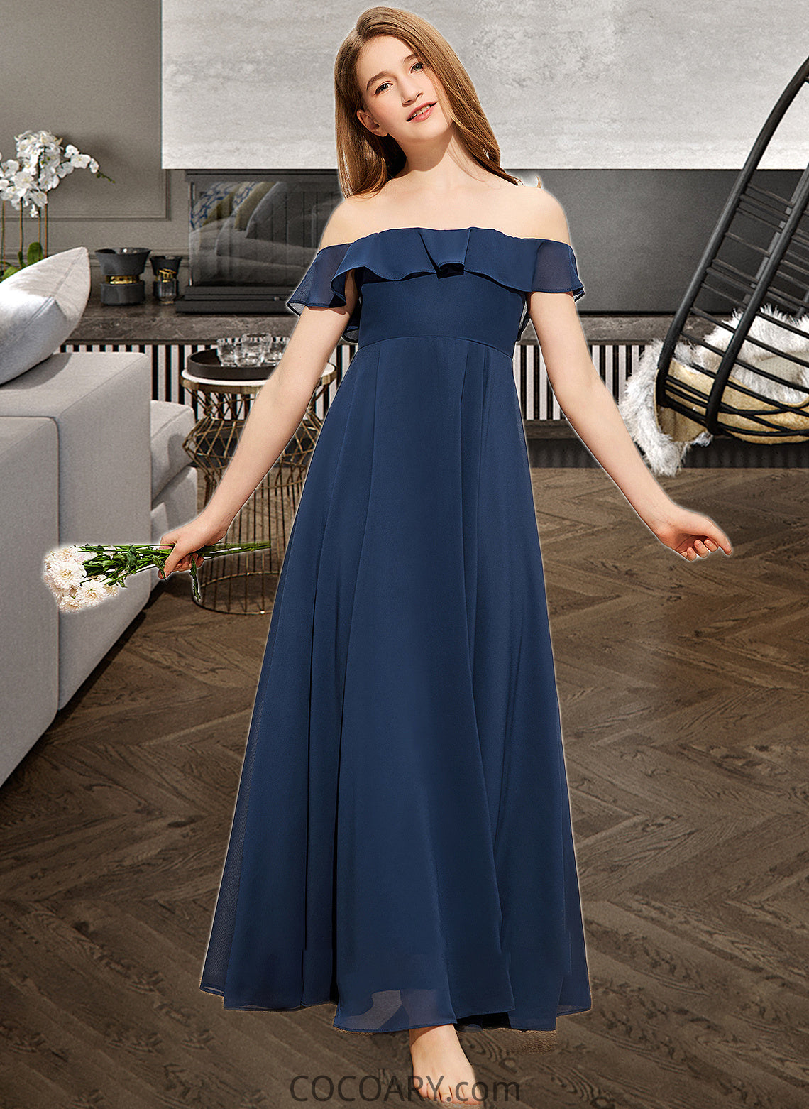 Yvonne A-Line Off-the-Shoulder Floor-Length Chiffon Junior Bridesmaid Dress DA8P0013551