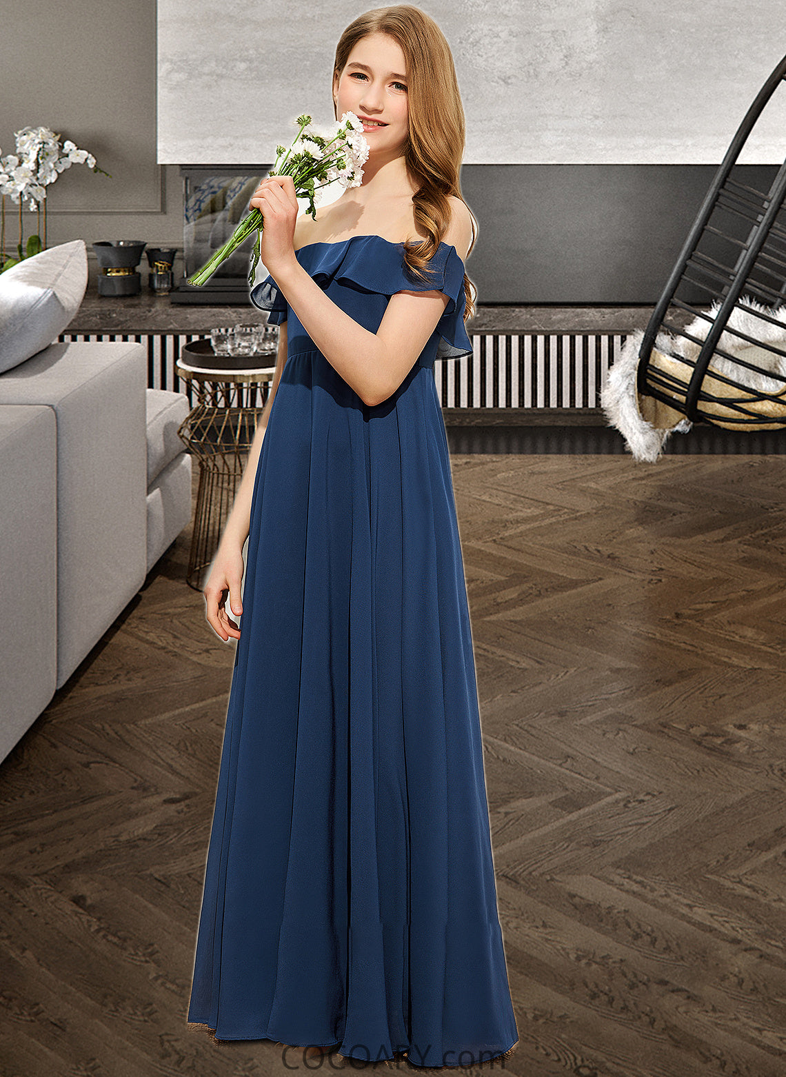 Yvonne A-Line Off-the-Shoulder Floor-Length Chiffon Junior Bridesmaid Dress DA8P0013551