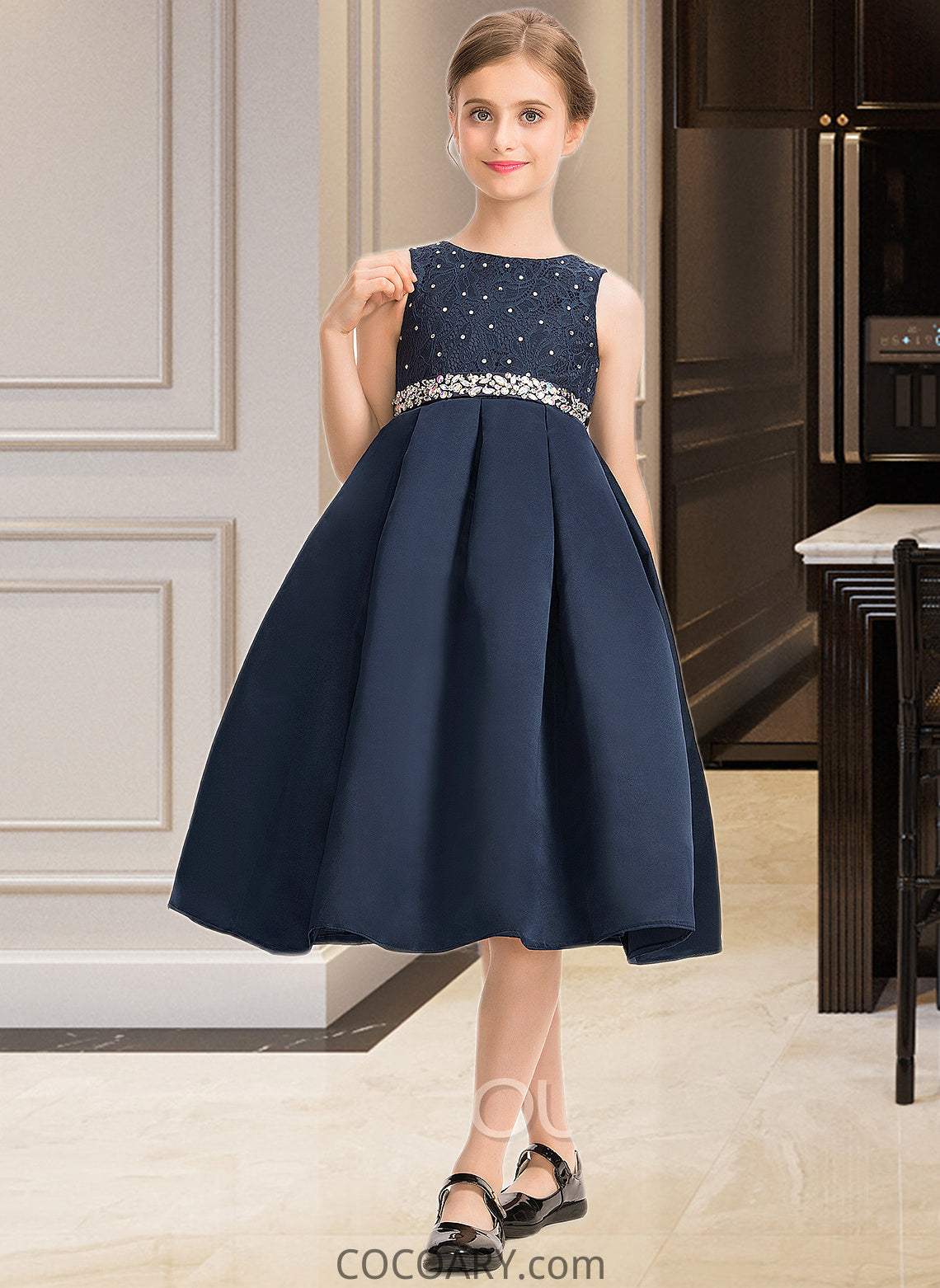 Belinda A-Line Scoop Neck Knee-Length Satin Lace Junior Bridesmaid Dress With Beading Bow(s) DA8P0013559