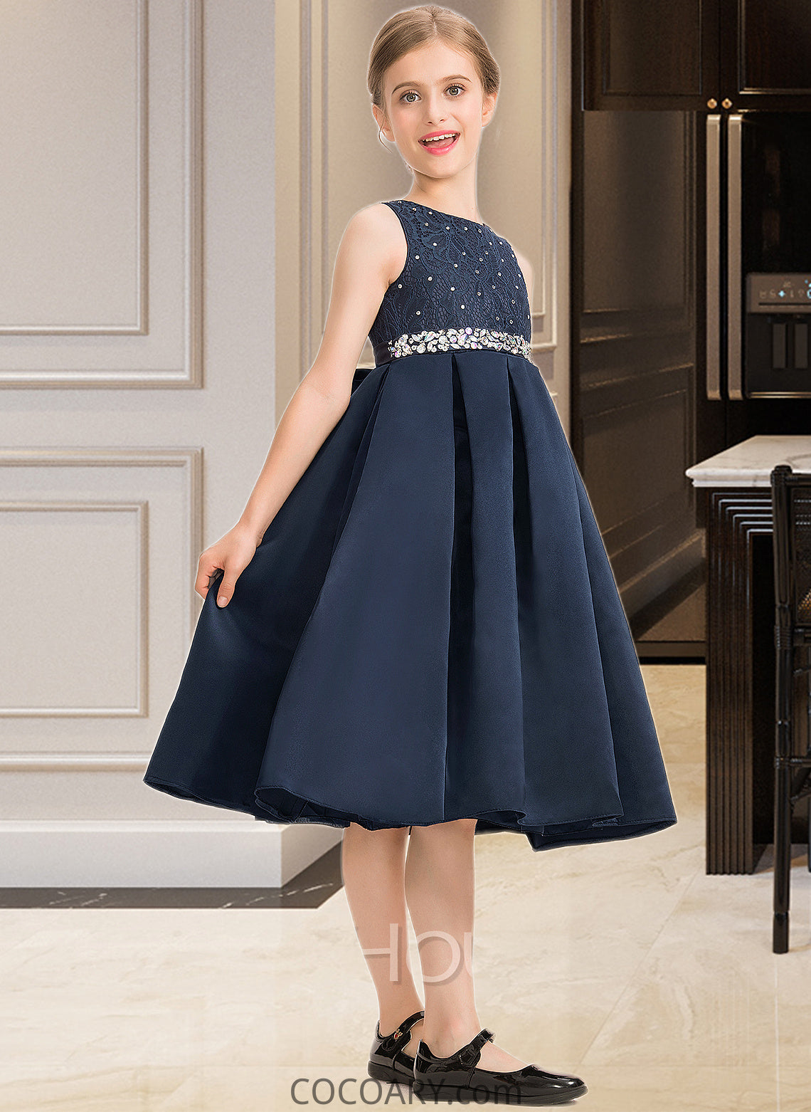 Belinda A-Line Scoop Neck Knee-Length Satin Lace Junior Bridesmaid Dress With Beading Bow(s) DA8P0013559