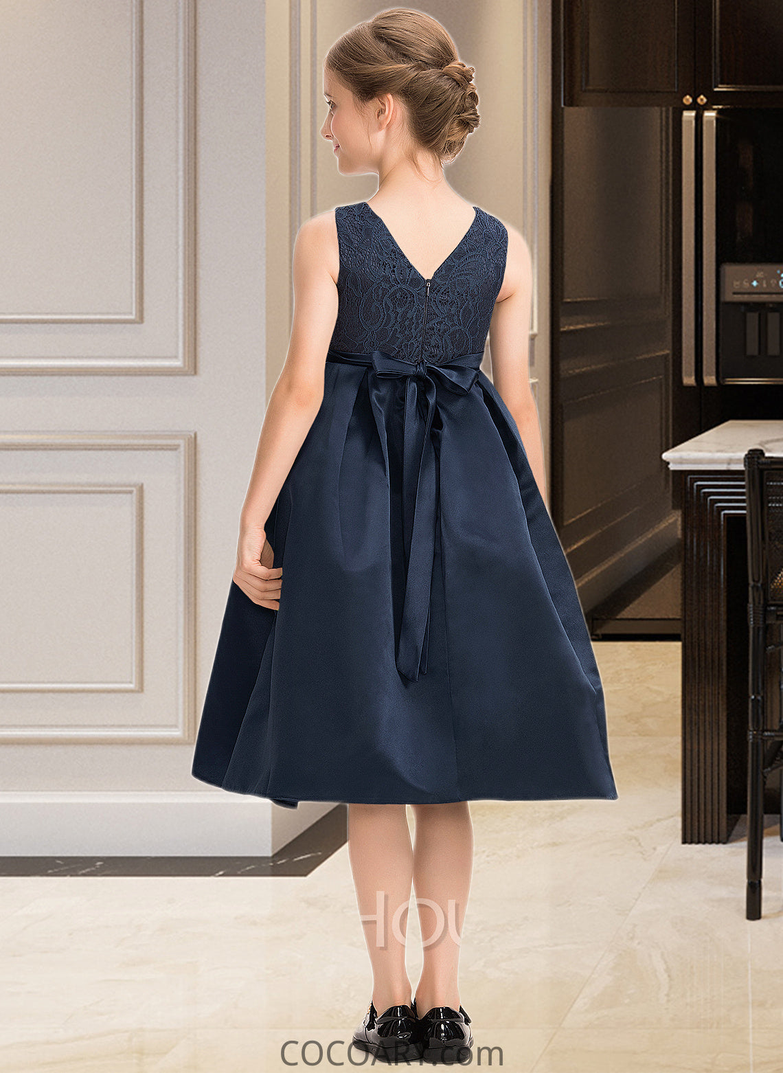 Belinda A-Line Scoop Neck Knee-Length Satin Lace Junior Bridesmaid Dress With Beading Bow(s) DA8P0013559