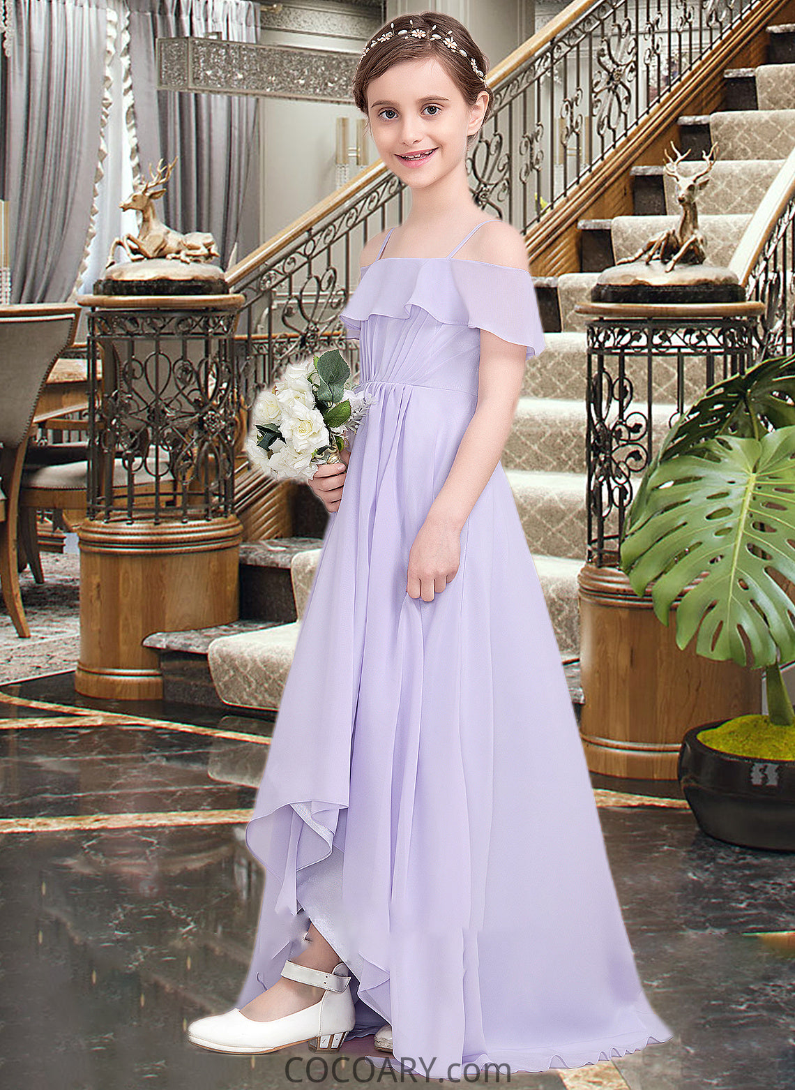 Brisa A-Line Off-the-Shoulder Asymmetrical Chiffon Junior Bridesmaid Dress With Cascading Ruffles DA8P0013566