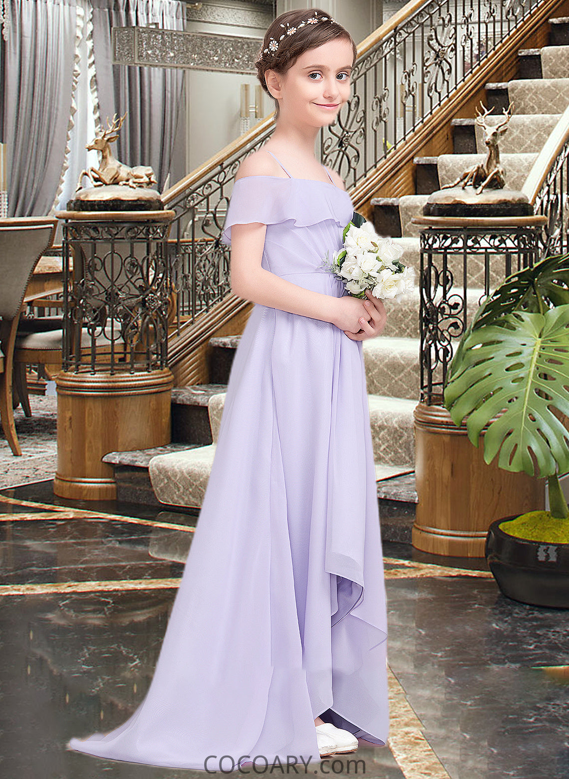 Brisa A-Line Off-the-Shoulder Asymmetrical Chiffon Junior Bridesmaid Dress With Cascading Ruffles DA8P0013566