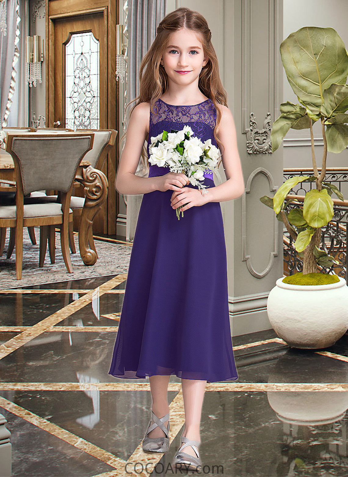 Luciana A-Line Scoop Neck Tea-Length Chiffon Junior Bridesmaid Dress DA8P0013569