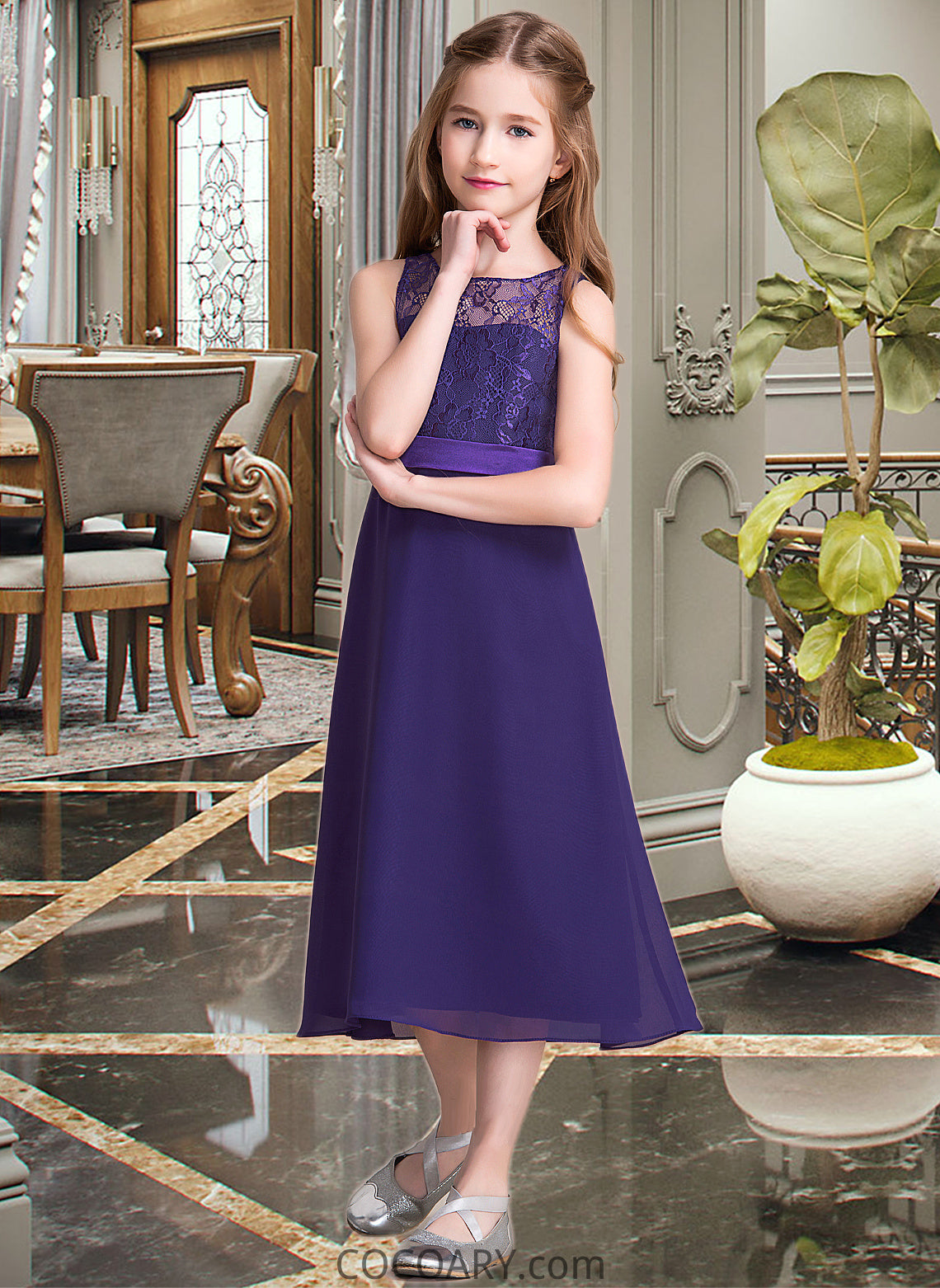 Luciana A-Line Scoop Neck Tea-Length Chiffon Junior Bridesmaid Dress DA8P0013569