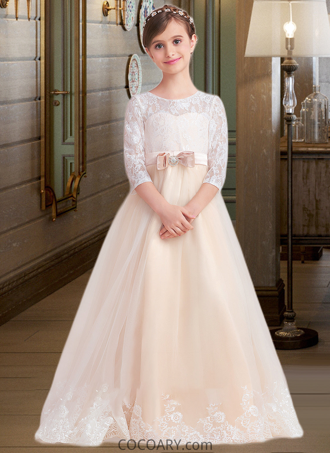 Hadley Ball-Gown/Princess Scoop Neck Floor-Length Tulle Lace Junior Bridesmaid Dress With Sash Beading Bow(s) DA8P0013589