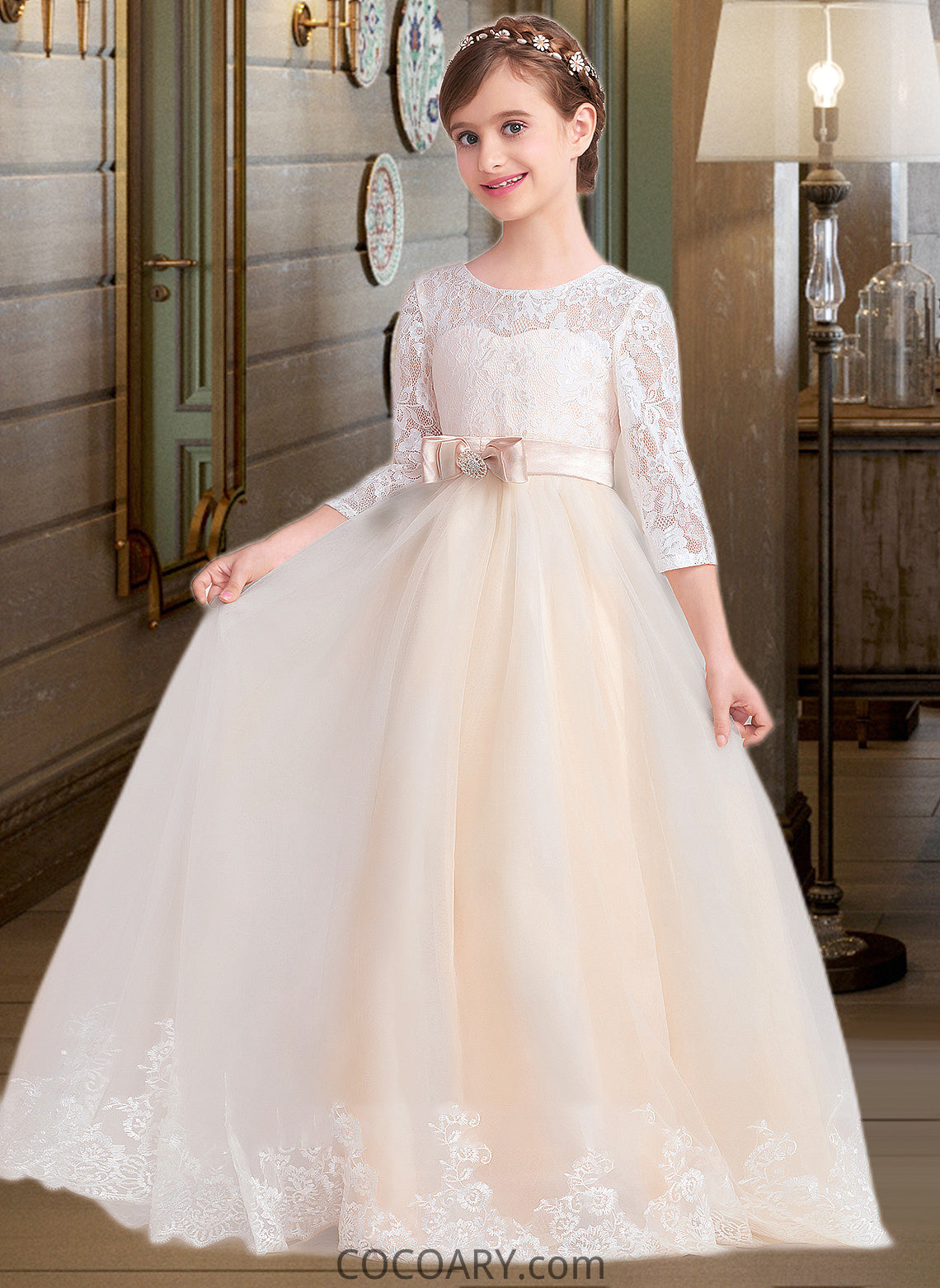 Hadley Ball-Gown/Princess Scoop Neck Floor-Length Tulle Lace Junior Bridesmaid Dress With Sash Beading Bow(s) DA8P0013589