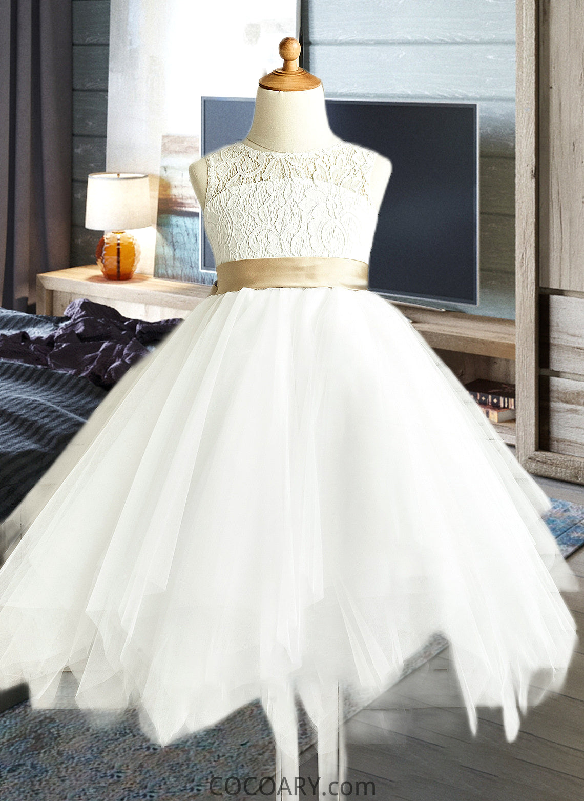 Poll A-Line Scoop Neck Tea-Length Tulle Junior Bridesmaid Dress With Sash DA8P0013591