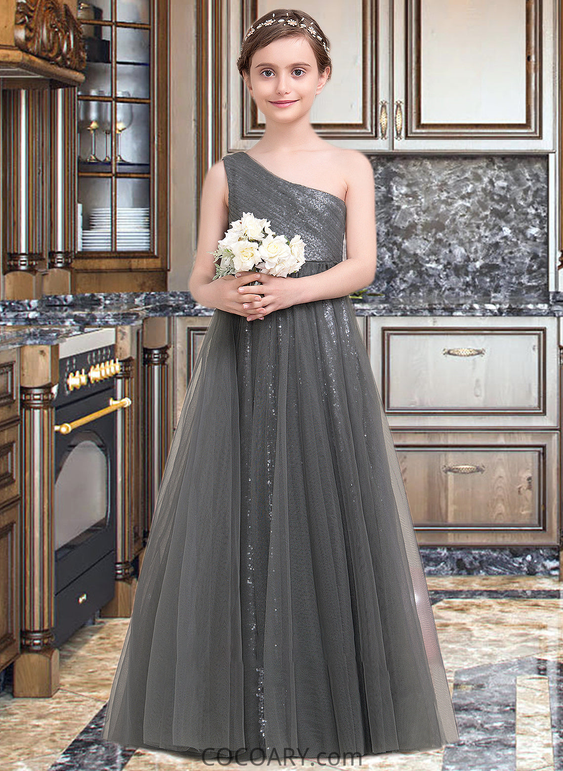 Charlie A-Line One-Shoulder Floor-Length Tulle Sequined Junior Bridesmaid Dress With Ruffle DA8P0013592