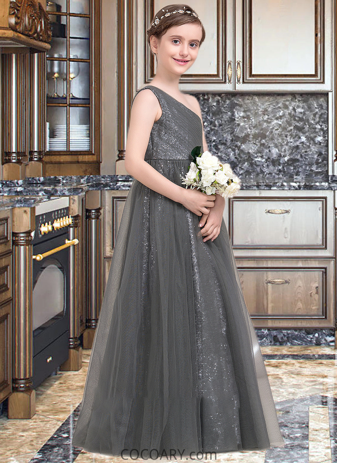 Charlie A-Line One-Shoulder Floor-Length Tulle Sequined Junior Bridesmaid Dress With Ruffle DA8P0013592