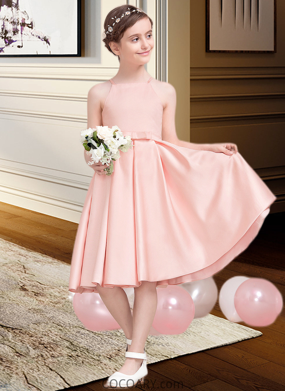 Jamiya A-Line Square Neckline Knee-Length Satin Junior Bridesmaid Dress With Bow(s) DA8P0013593