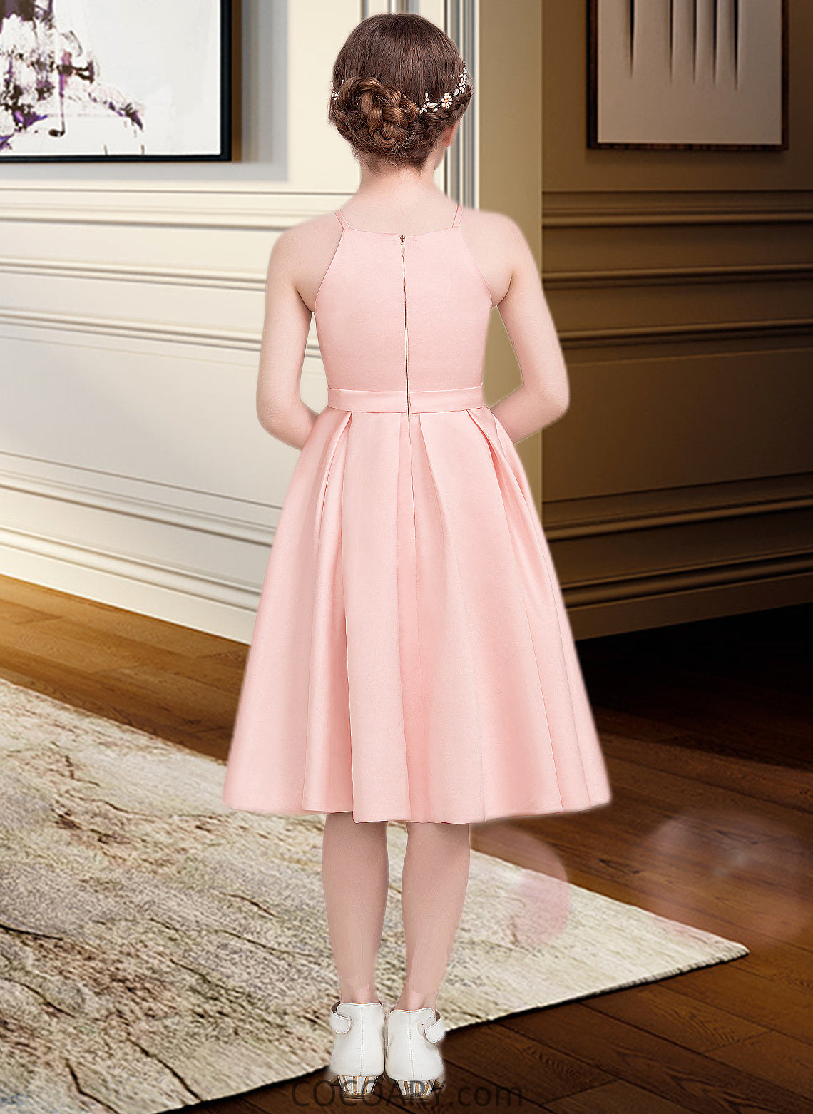 Jamiya A-Line Square Neckline Knee-Length Satin Junior Bridesmaid Dress With Bow(s) DA8P0013593