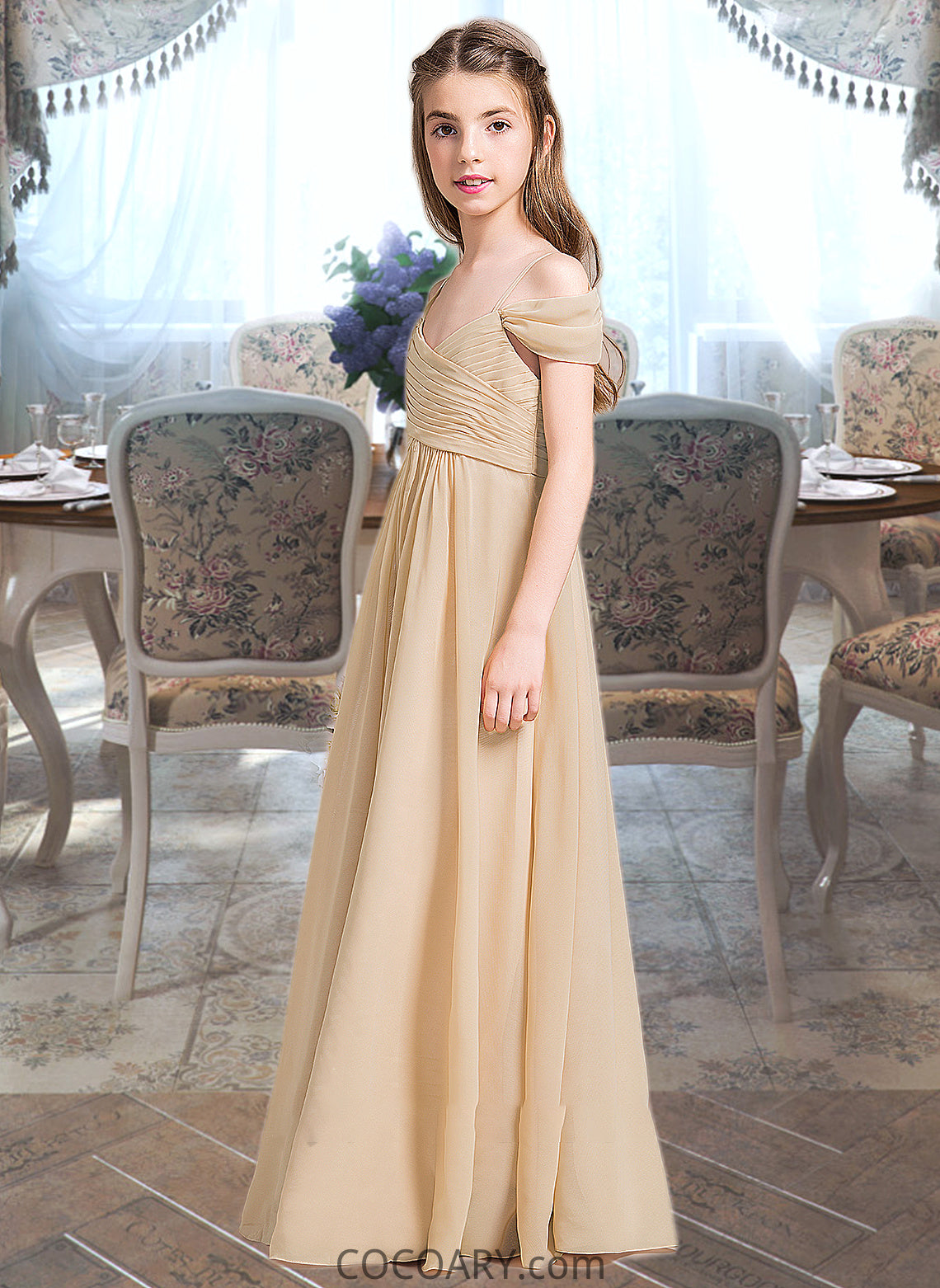 Madalynn A-Line Off-the-Shoulder Floor-Length Chiffon Junior Bridesmaid Dress With Ruffle DA8P0013595