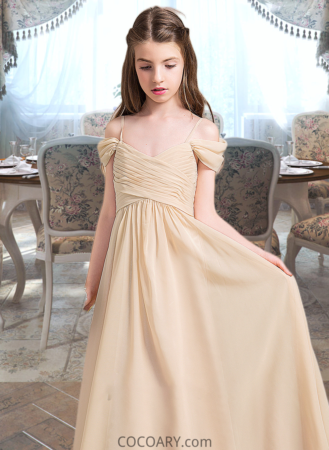 Madalynn A-Line Off-the-Shoulder Floor-Length Chiffon Junior Bridesmaid Dress With Ruffle DA8P0013595