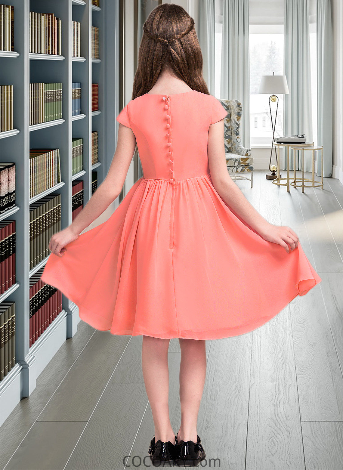 Laura A-Line Scoop Neck Knee-Length Chiffon Junior Bridesmaid Dress With Bow(s) DA8P0013596