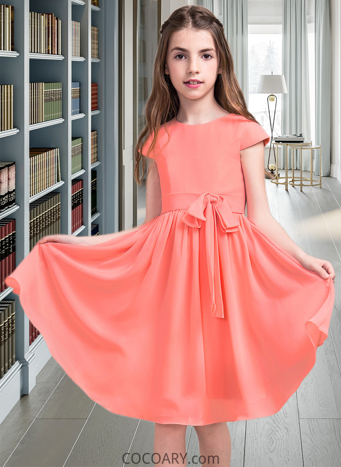 Laura A-Line Scoop Neck Knee-Length Chiffon Junior Bridesmaid Dress With Bow(s) DA8P0013596