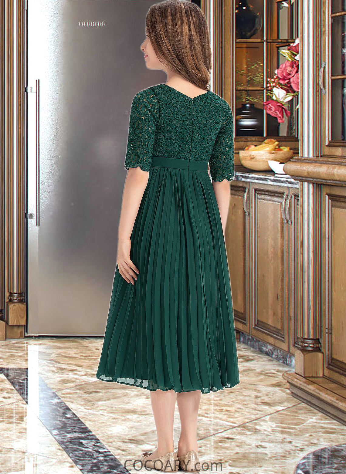 Riley A-Line Scoop Neck Tea-Length Chiffon Lace Junior Bridesmaid Dress With Pleated DA8P0013608