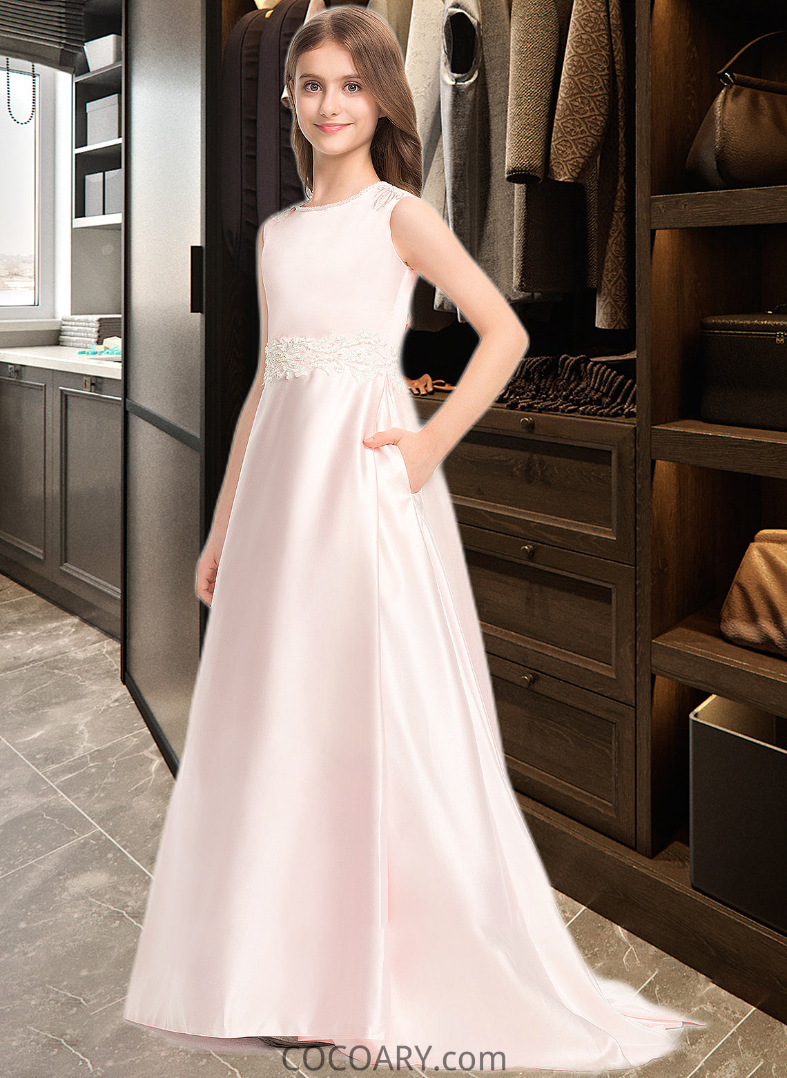 Brielle A-Line Scoop Neck Sweep Train Satin Lace Junior Bridesmaid Dress With Bow(s) Pockets DA8P0013609