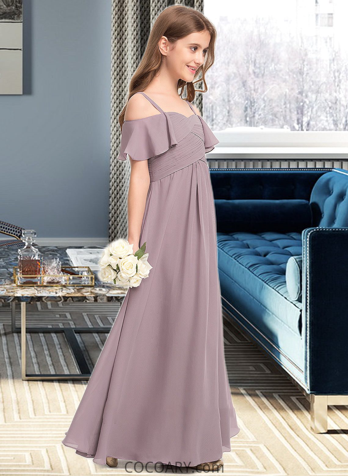 Matilda A-Line Off-the-Shoulder Floor-Length Chiffon Junior Bridesmaid Dress With Ruffle DA8P0013610