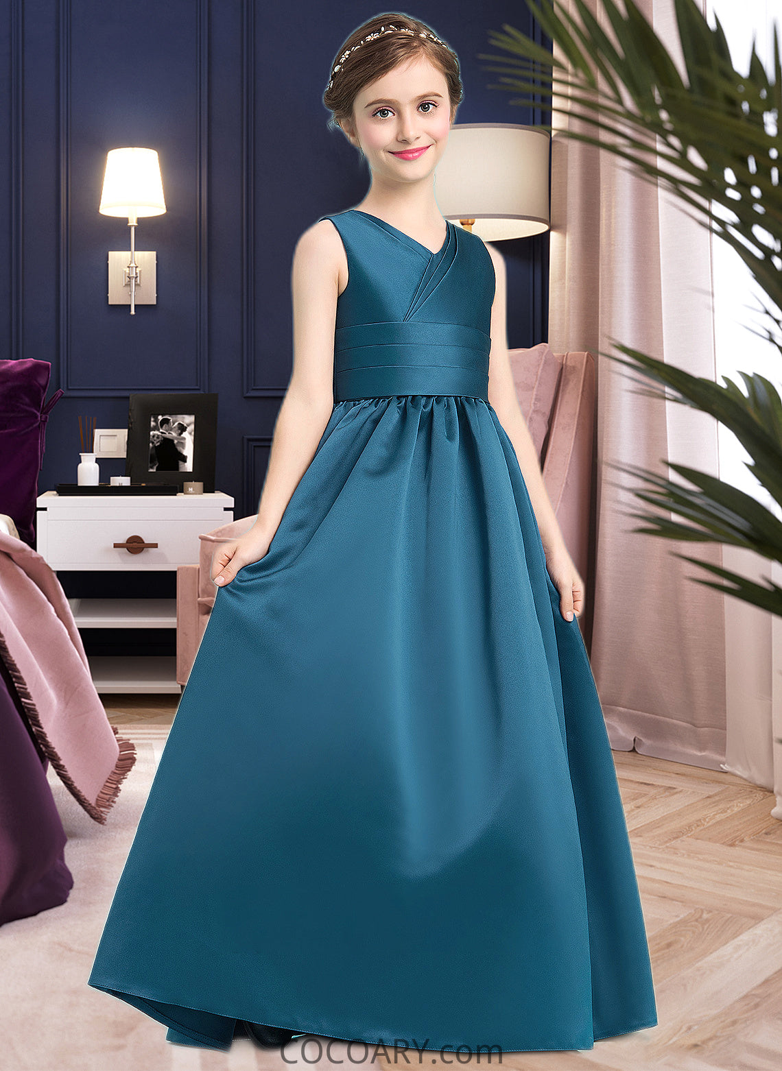 Lara Ball-Gown/Princess V-neck Floor-Length Satin Junior Bridesmaid Dress With Ruffle DA8P0013613