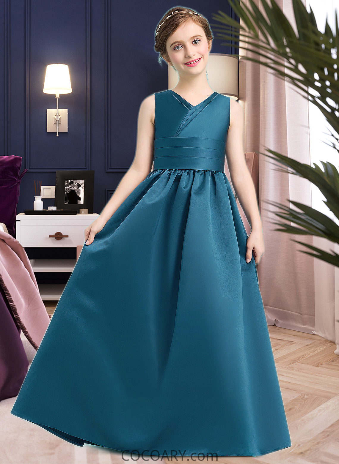 Lara Ball-Gown/Princess V-neck Floor-Length Satin Junior Bridesmaid Dress With Ruffle DA8P0013613