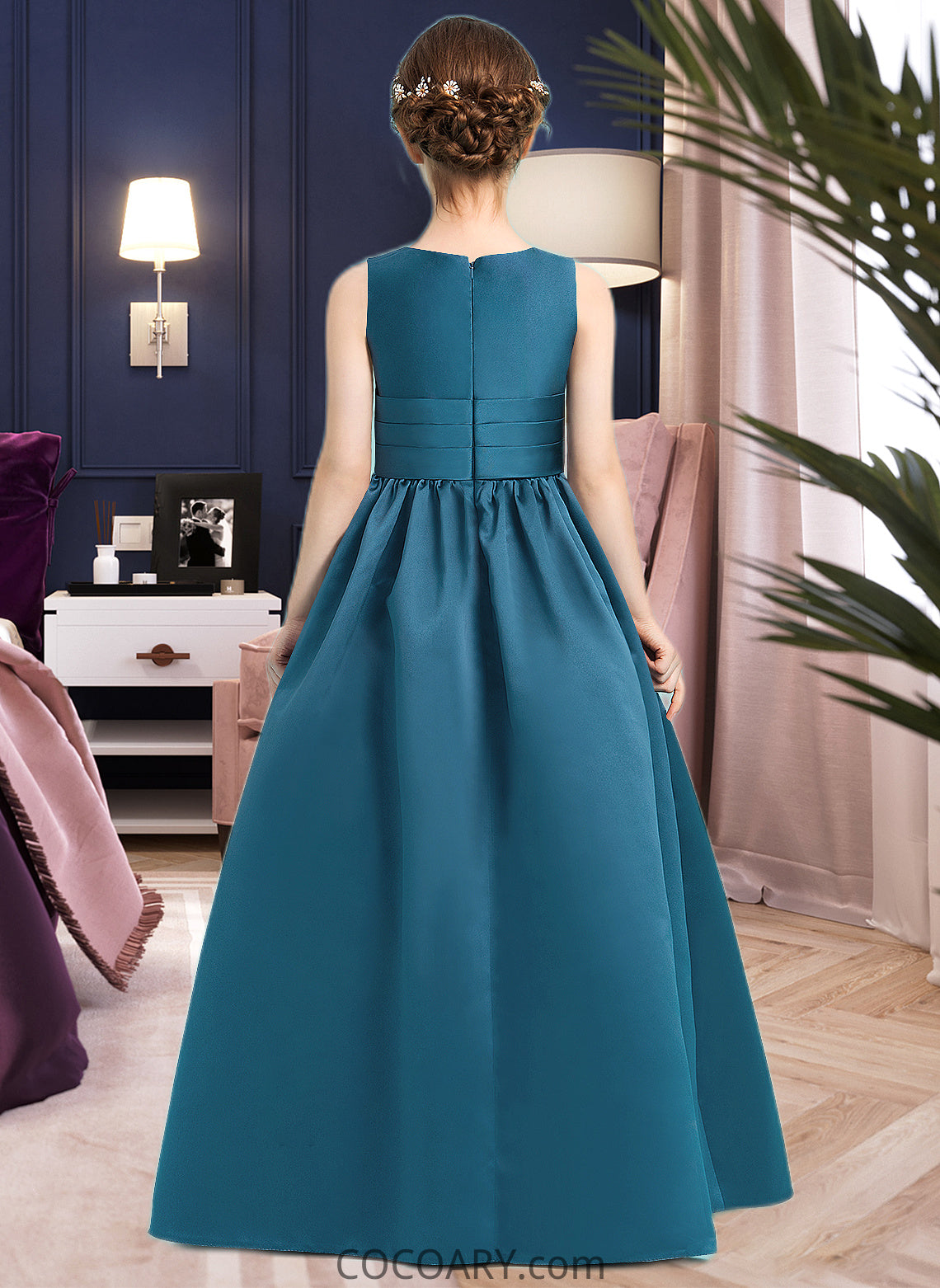 Lara Ball-Gown/Princess V-neck Floor-Length Satin Junior Bridesmaid Dress With Ruffle DA8P0013613