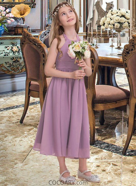 Tiana A-Line Halter Tea-Length Chiffon Junior Bridesmaid Dress With Ruffle DA8P0013616